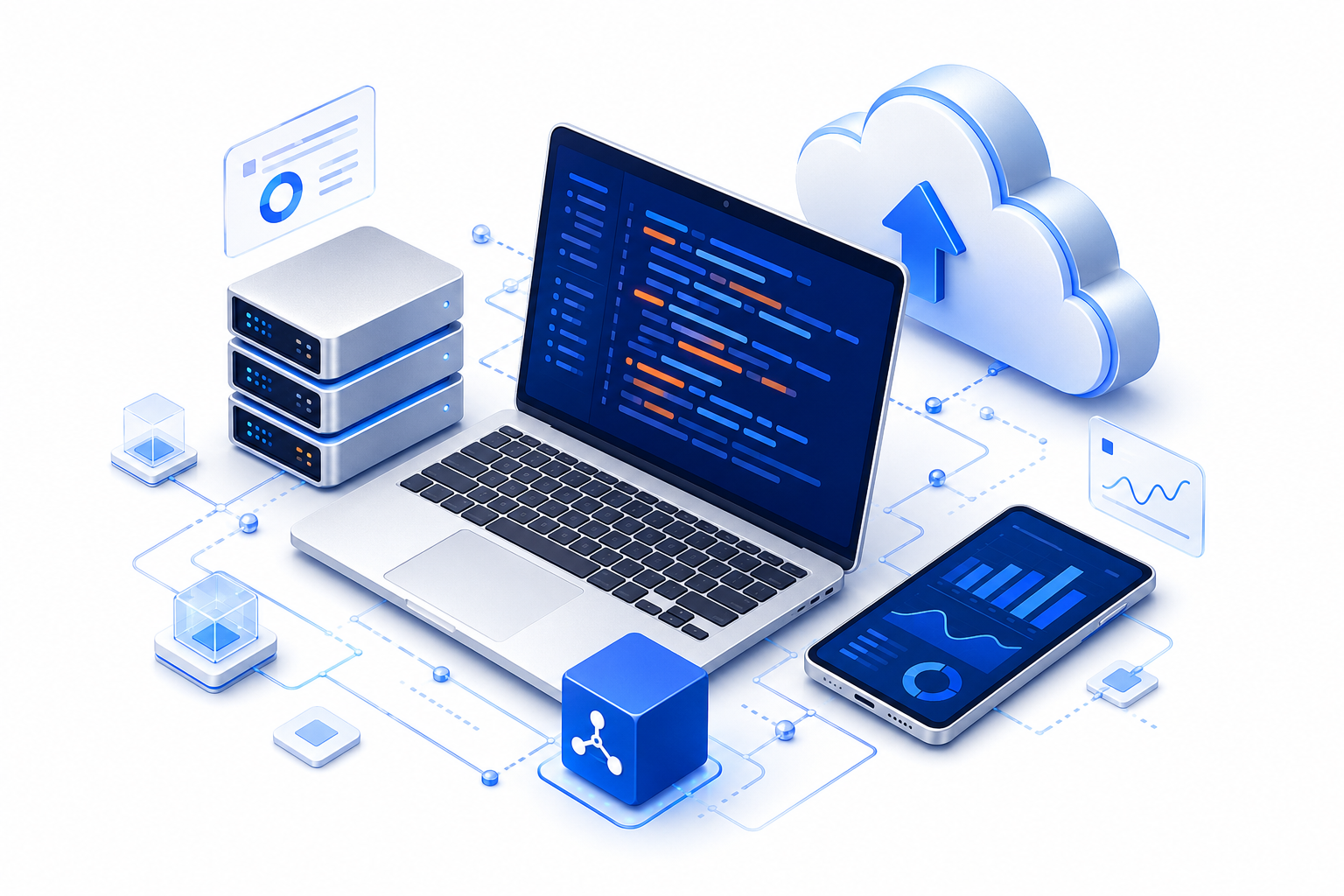 Connected cloud, mobile and software technology illustration